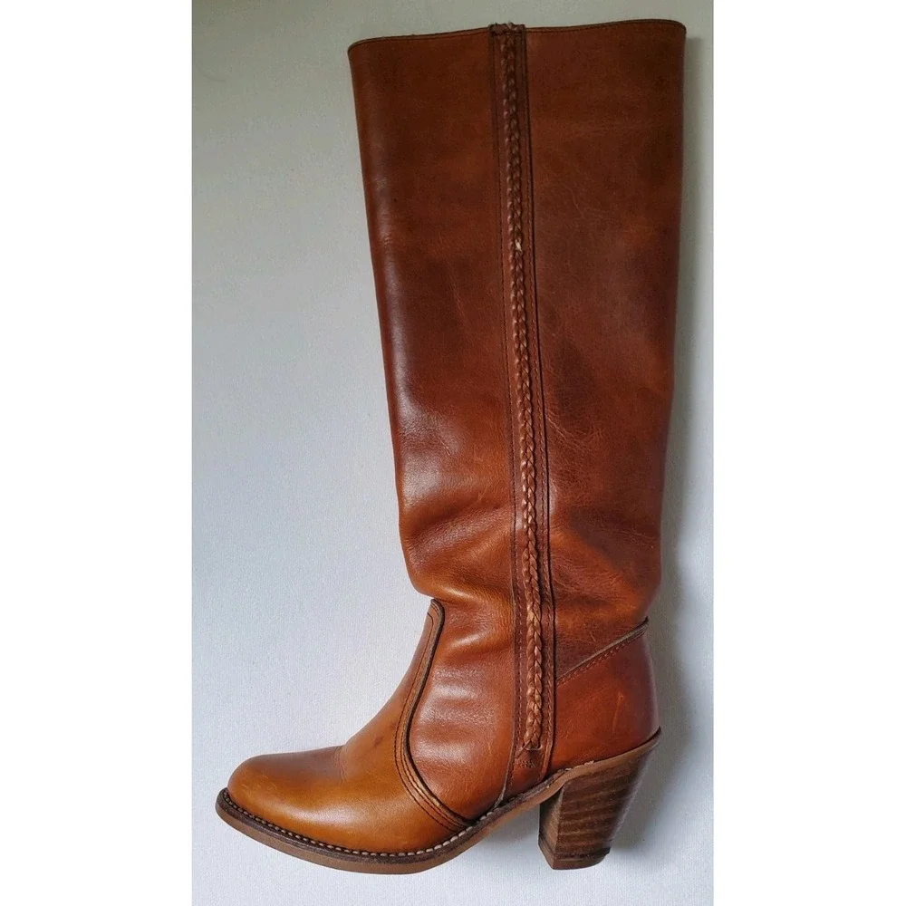 Vtg 70s Dexter Leather Knee High Boots Womens Sz 5 M Brown Weave Made In USA
